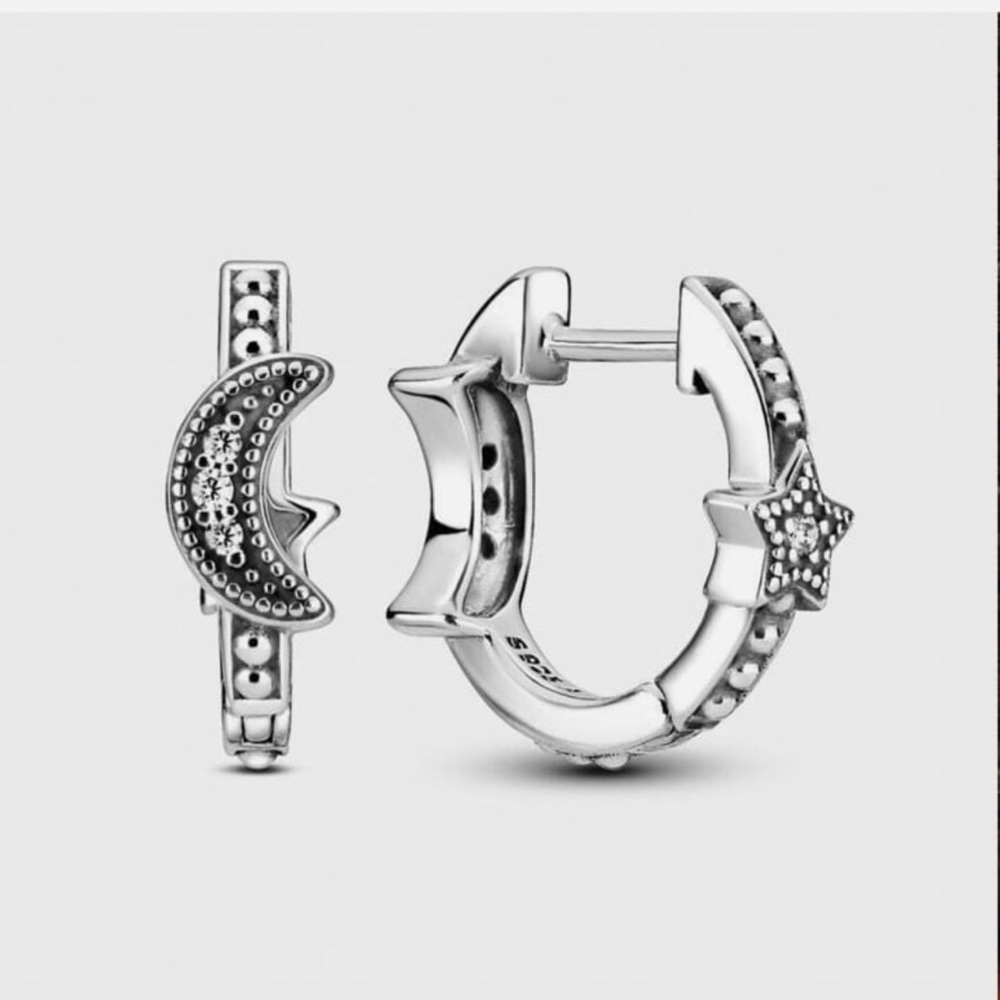 PANDORA Crescent Moon & Stars Beaded Hoop Earrings #765